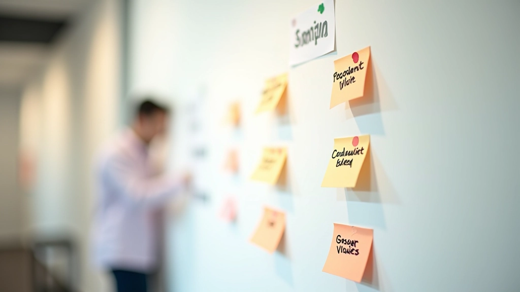 Design principles documented on a whiteboard with sticky notes organizing core values and team alignment