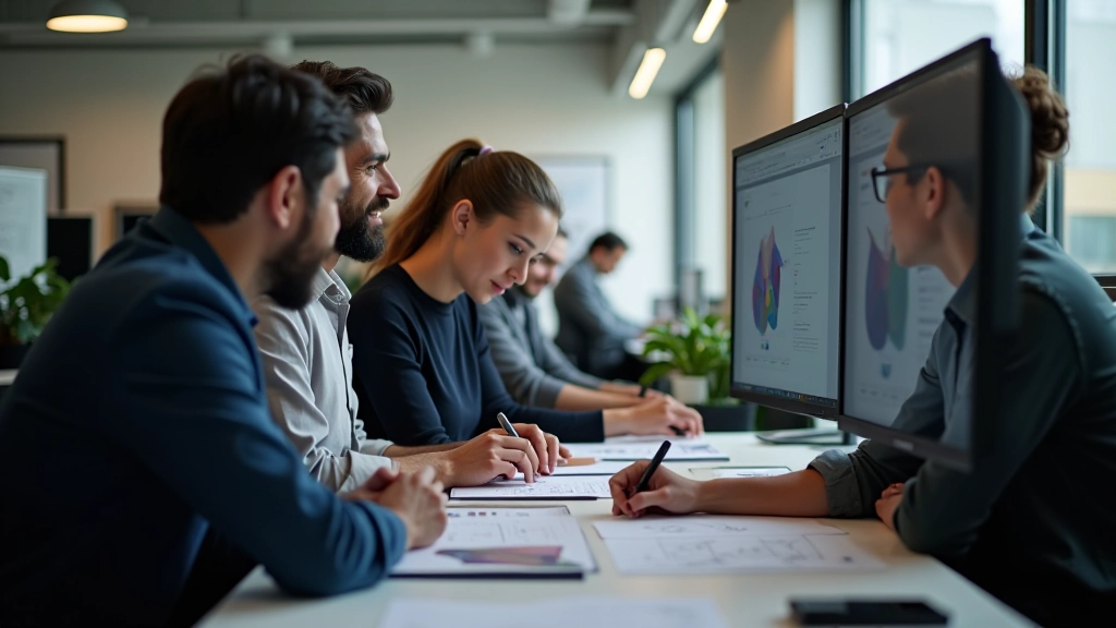 Team collaboration meeting with designers and developers reviewing design system together on a shared screen