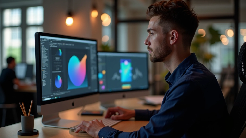 Designer reviewing animation timing curves and easing functions on dual monitors