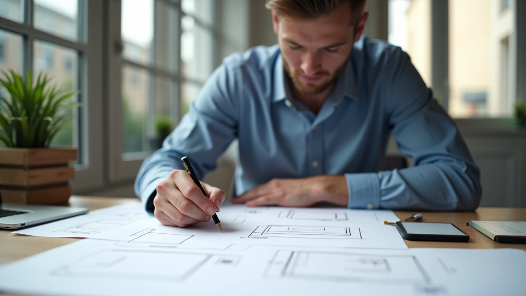 Designer sketching wireframe layouts on paper with pencil and ruler, natural light