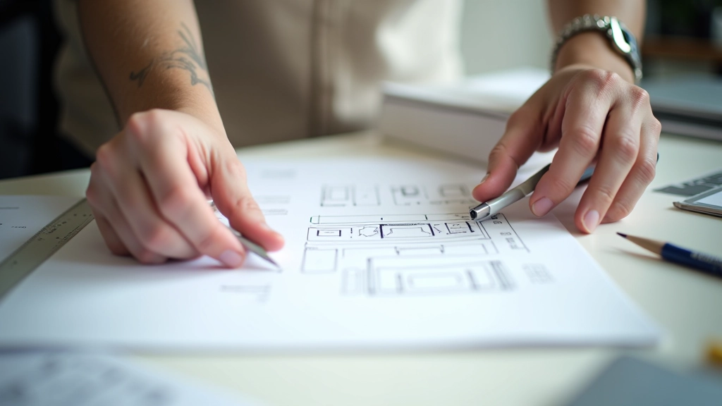 Designer sketching wireframes and user flow diagrams on paper with design tools visible
