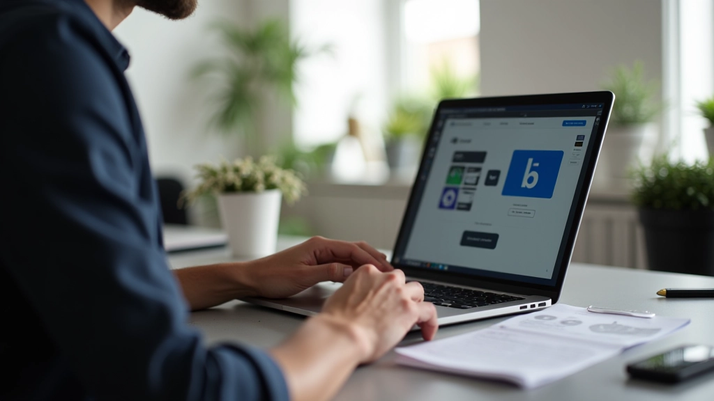 Designer working on laptop with design tools interface displayed on screen in modern studio