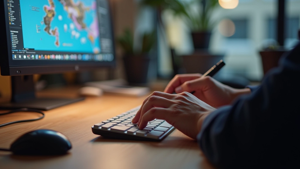 Designer working closely on design project at their workstation