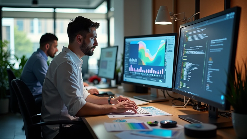 Professional design studio workspace with multiple monitors and creative tools