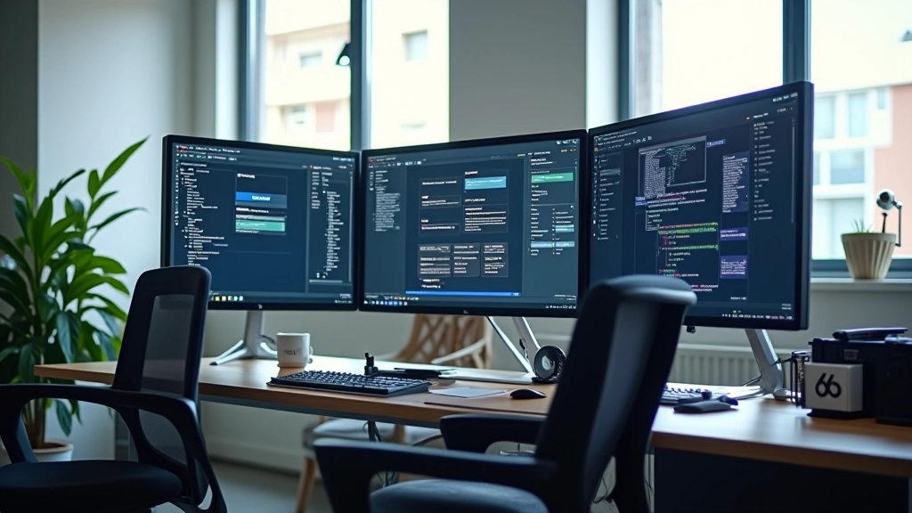 Modern web design studio workspace with multiple monitors displaying UI design interfaces