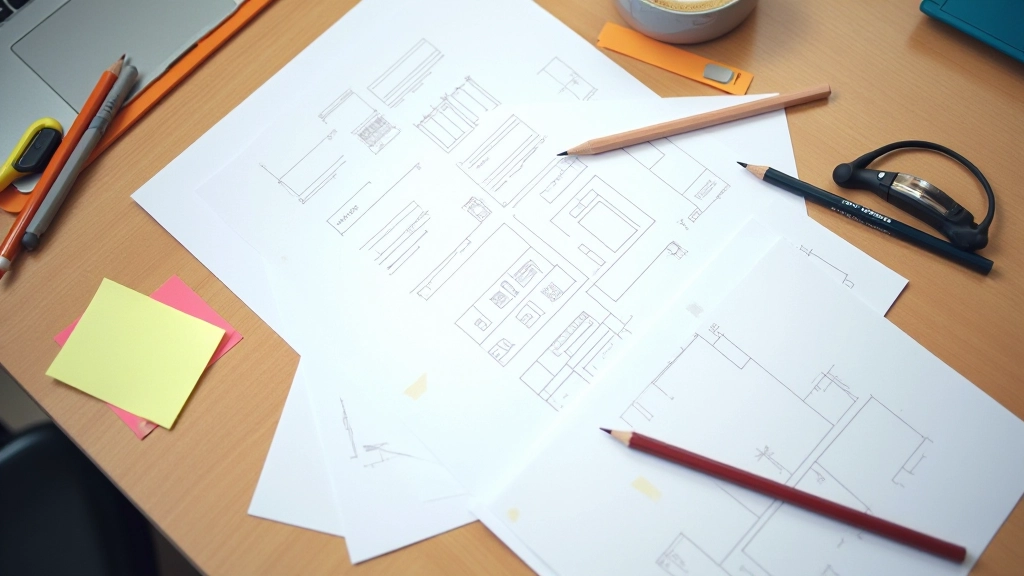 Multiple digital wireframe sketches and prototypes spread across table with design notes