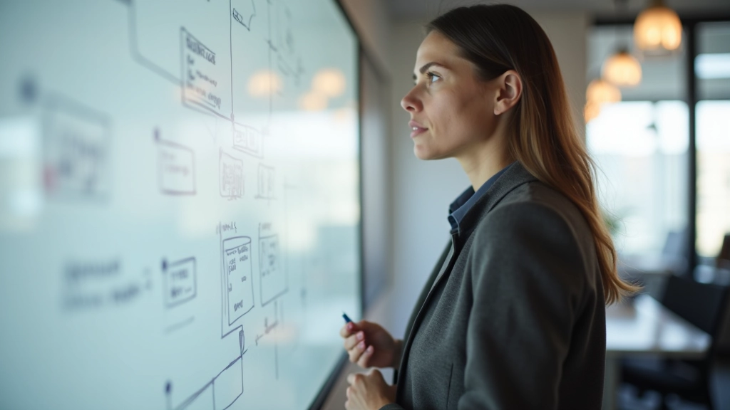 Designer pointing at whiteboard with crossed-out wireframe sketches and revision notes